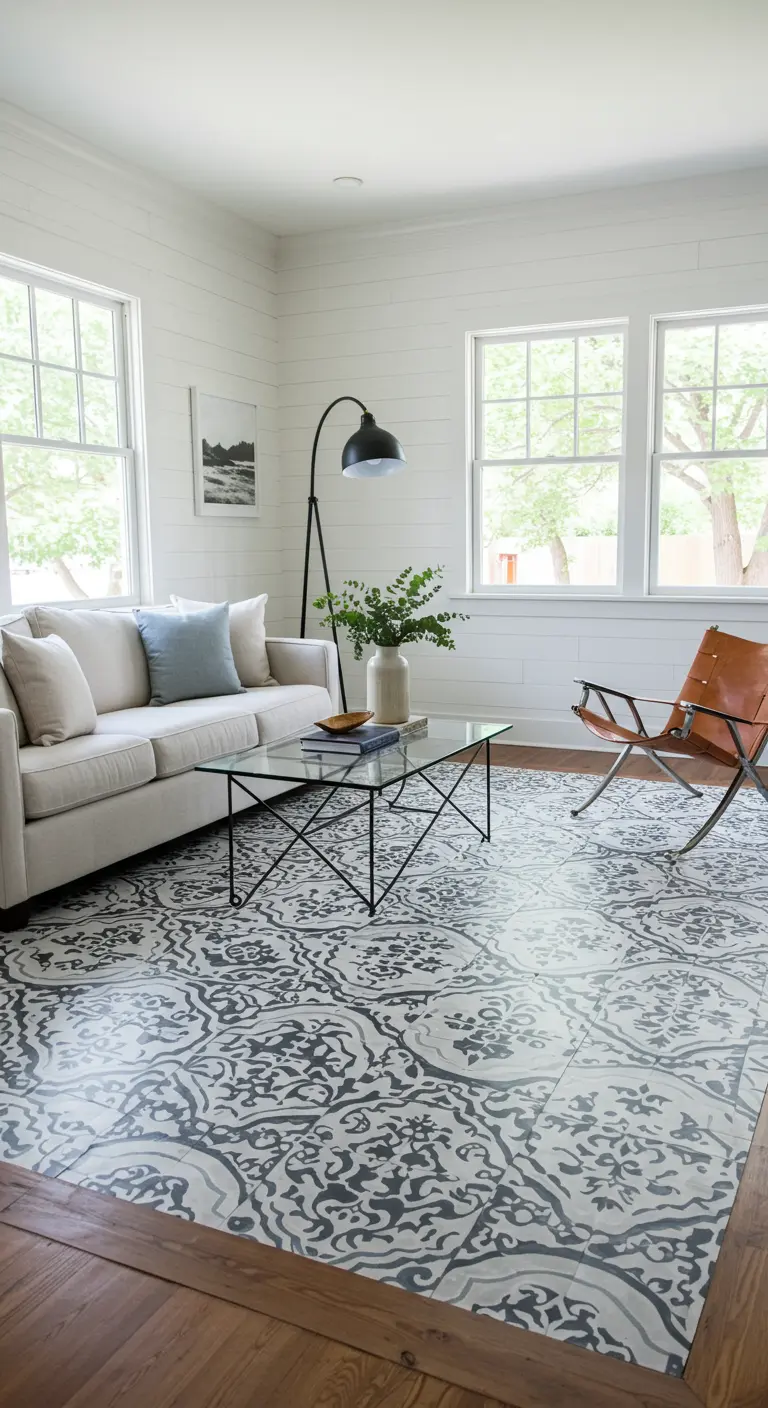 Suelo con un patrón de baldosas hidráulicas en blanco y negro en una sala de estar