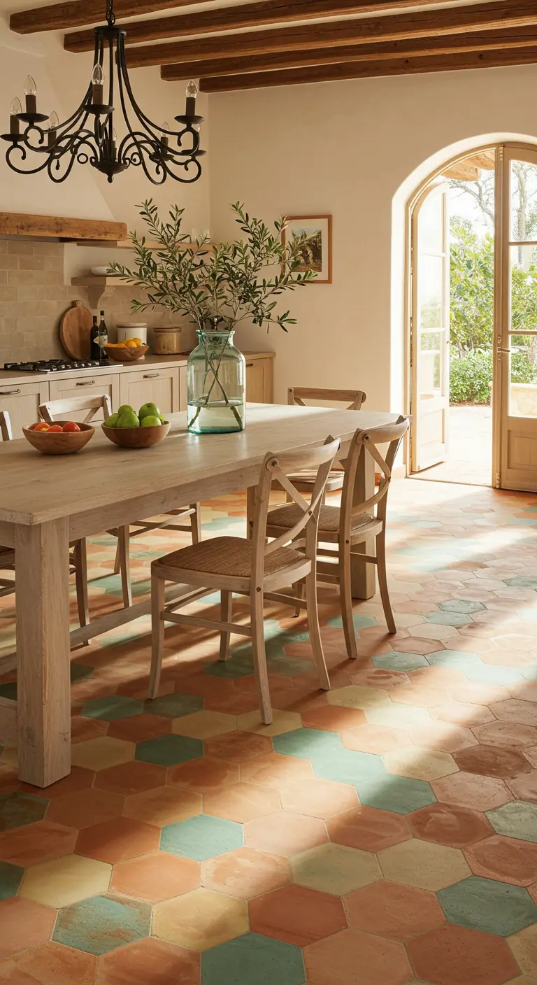 Comedor rústico con suelo de baldosas hexagonales de terracota, verde y crema, y mesa de madera.