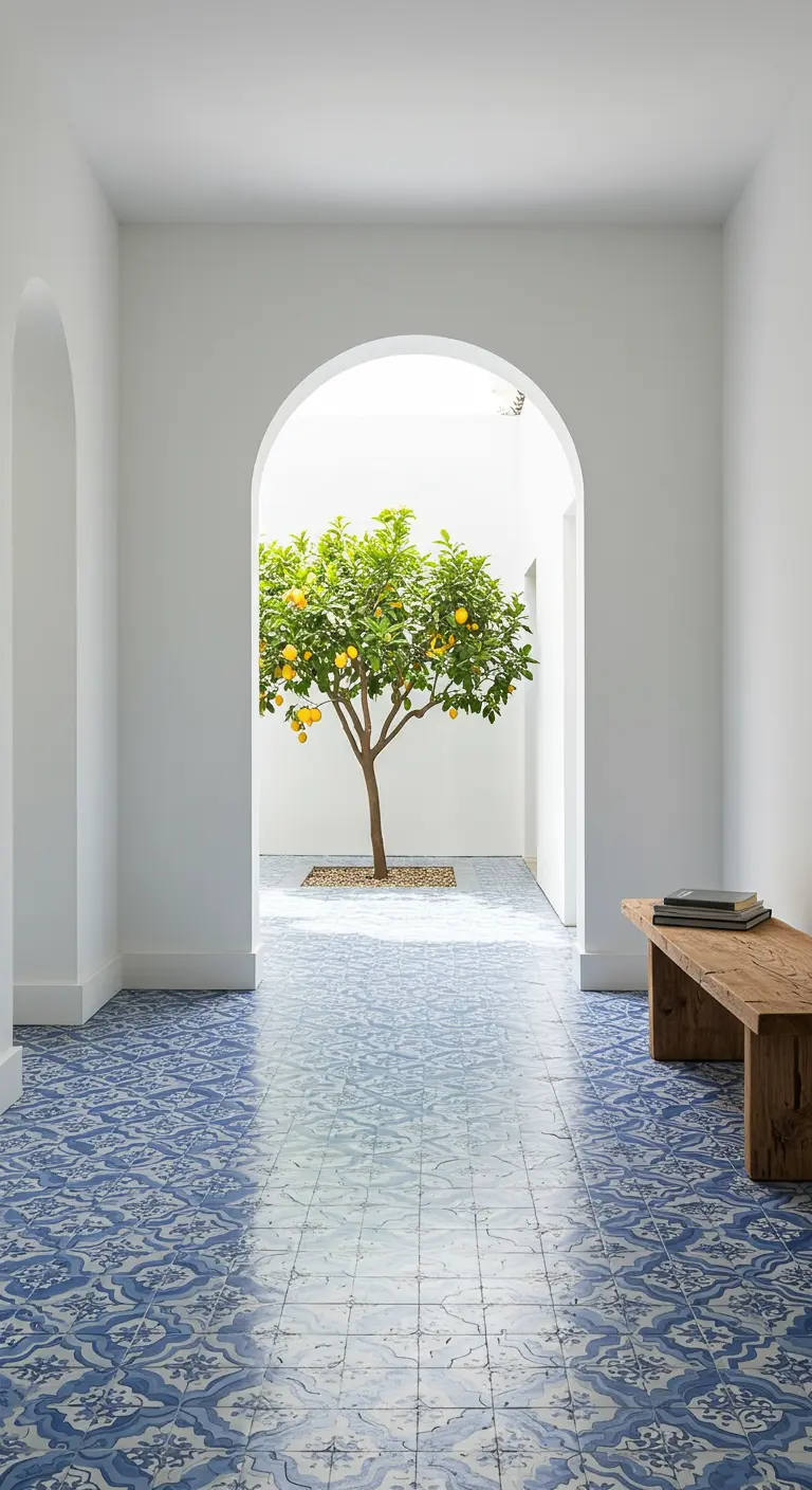 Pasillo blanco con suelo de baldosas hidráulicas azules y un limonero en el centro.