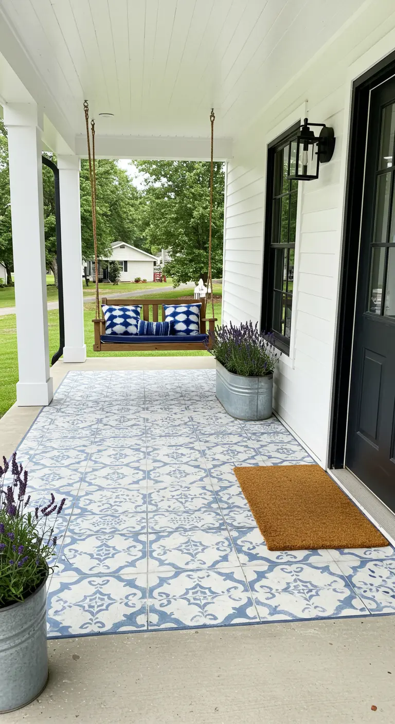 Porche de estilo granja con suelo pintado con plantilla y un columpio de madera