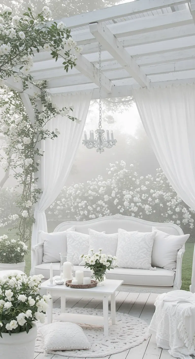 Espacio exterior totalmente blanco con pérgola, sofá, cortinas vaporosas y rodeado de flores blancas.