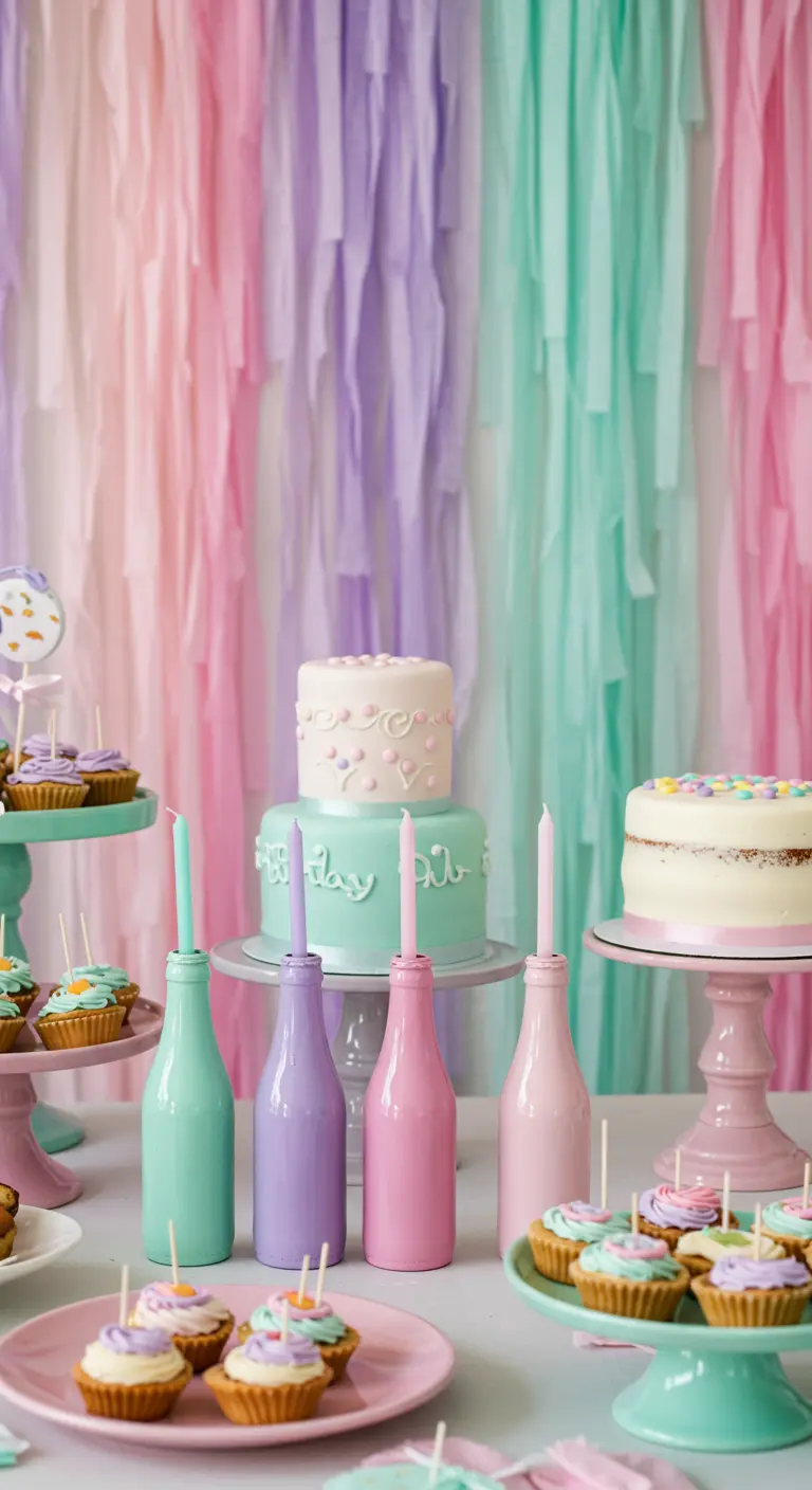 Botellas pintadas en tonos pastel como portavelas en una mesa de dulces de cumpleaños.