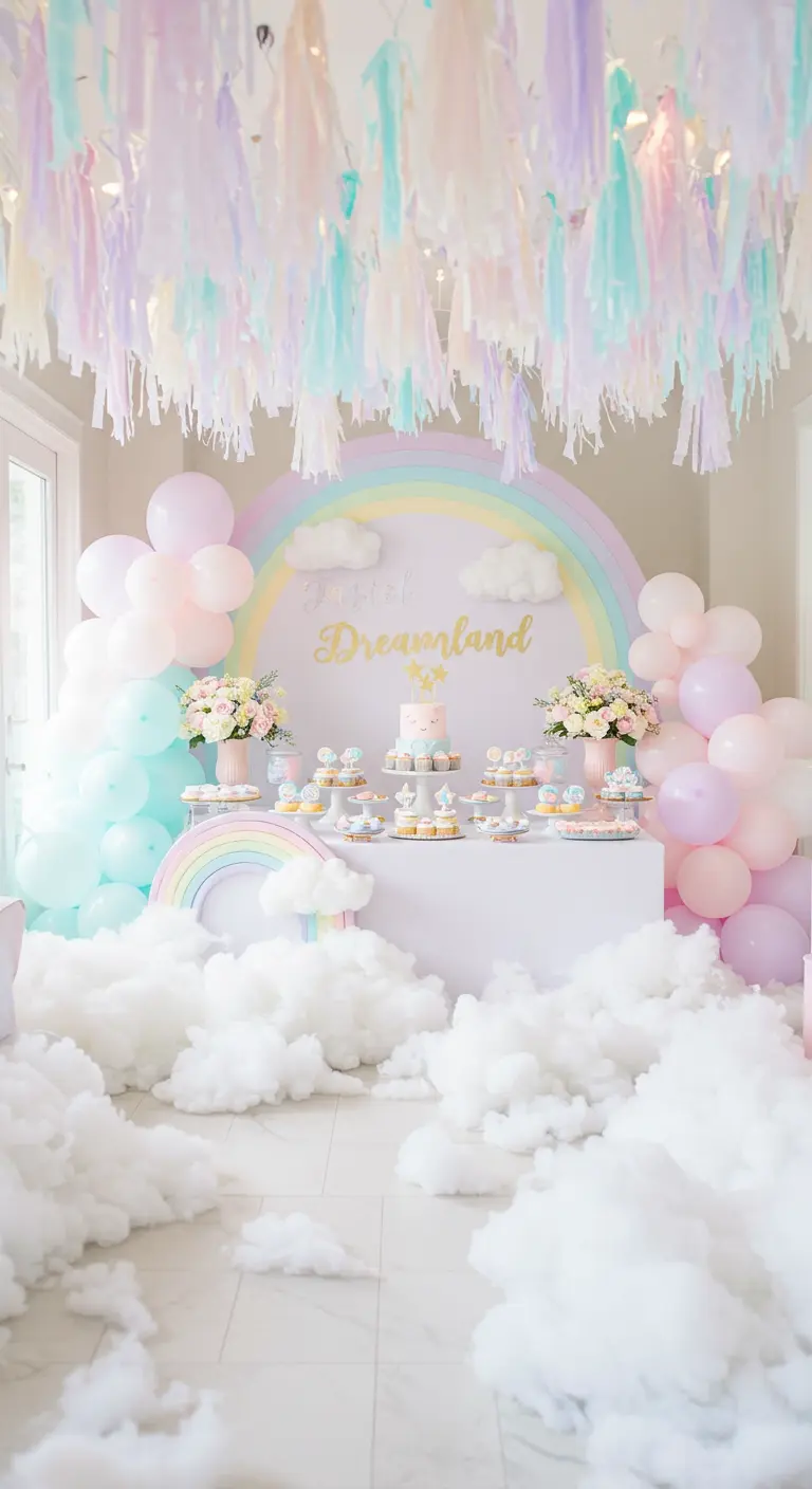 Fiesta de ensueño con temática de arcoíris, nubes de algodón y globos en tonos pastel.