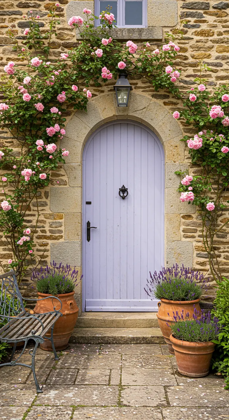 Puerta de madera lila en una casa de piedra, rodeada de rosas trepadoras y lavanda