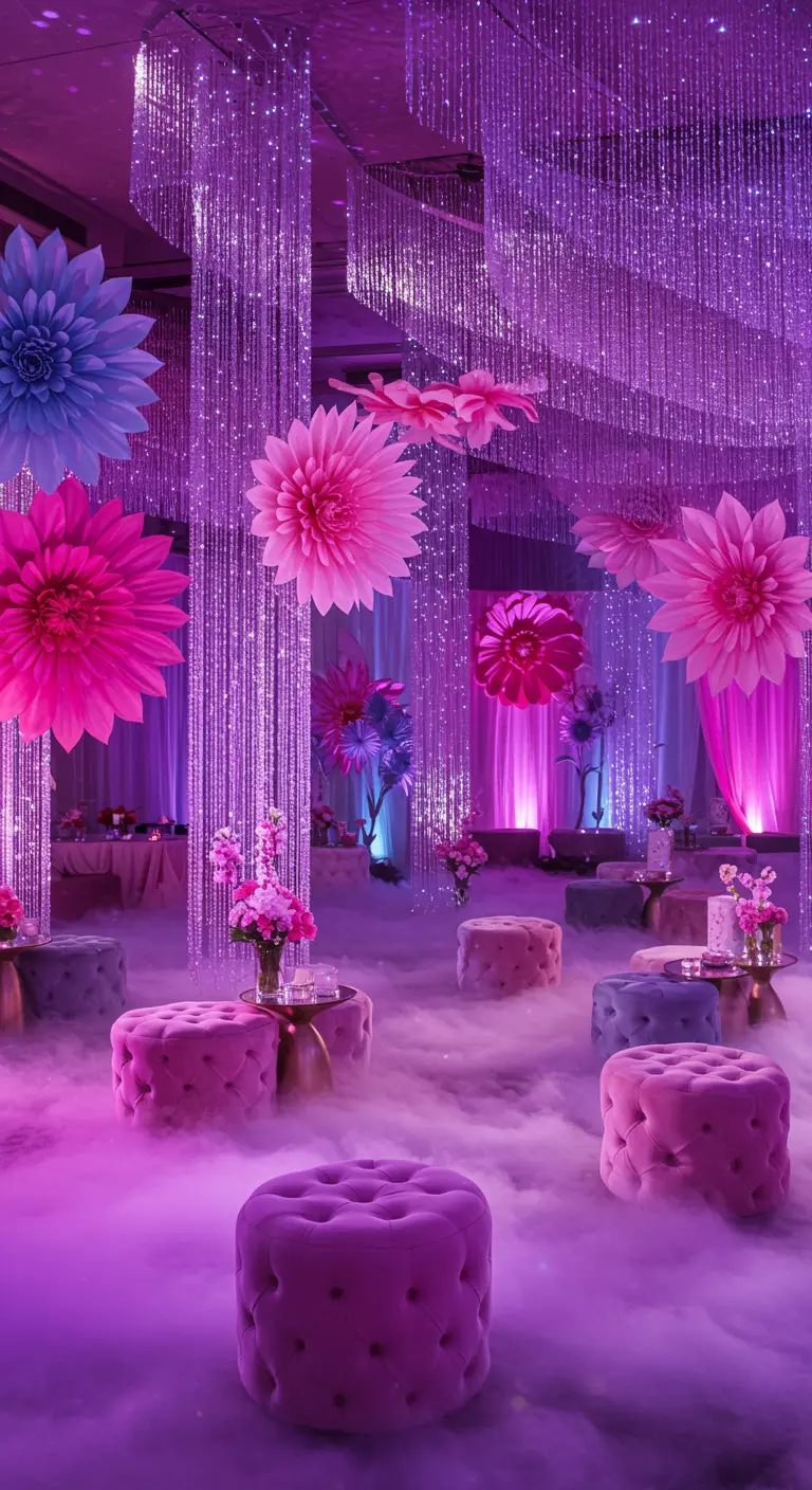 Salón de fiesta con una atmósfera de niebla púrpura, luces de neón y flores de papel gigantes.