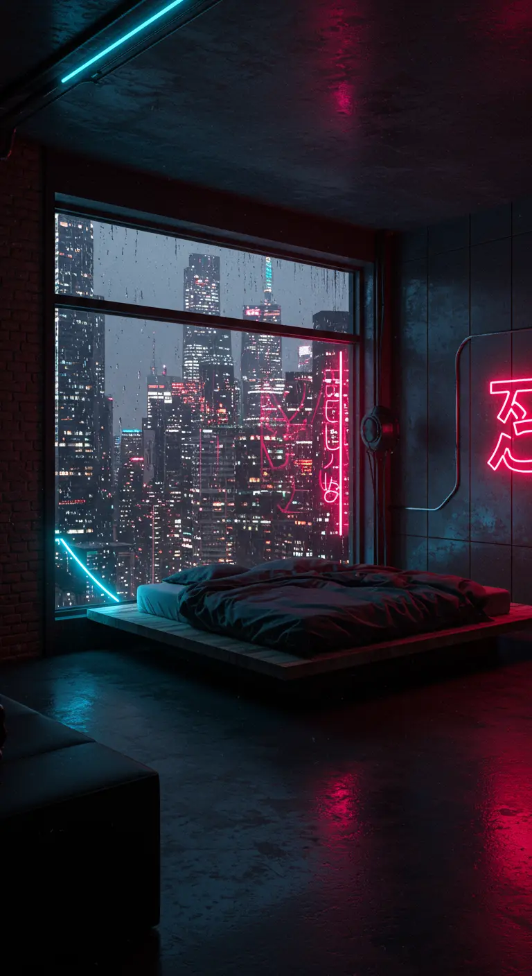 Dormitorio cyberpunk con cama baja, vistas a una ciudad lluviosa y luces de neón azules y rojas.