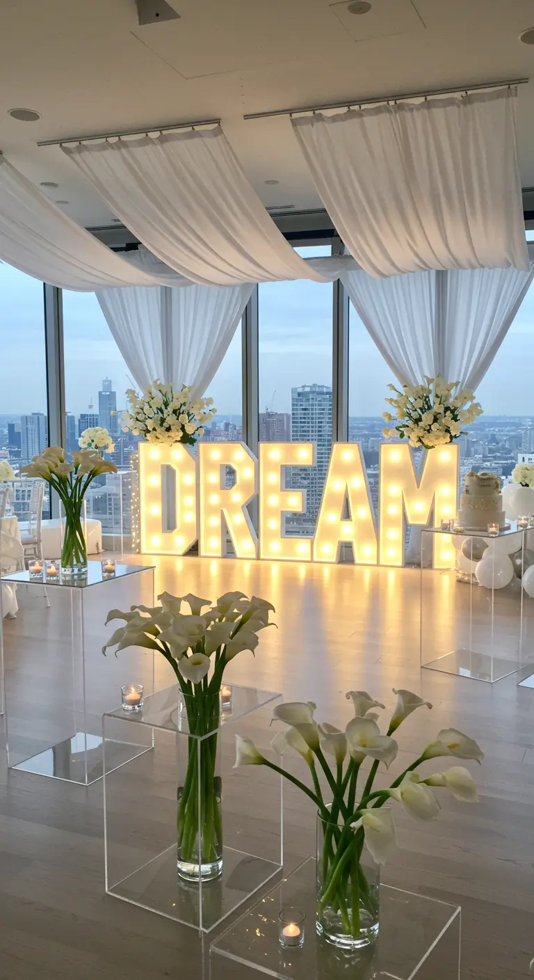 Letras 'DREAM' iluminadas en un ático con grandes ventanales y decoración en blanco etéreo.