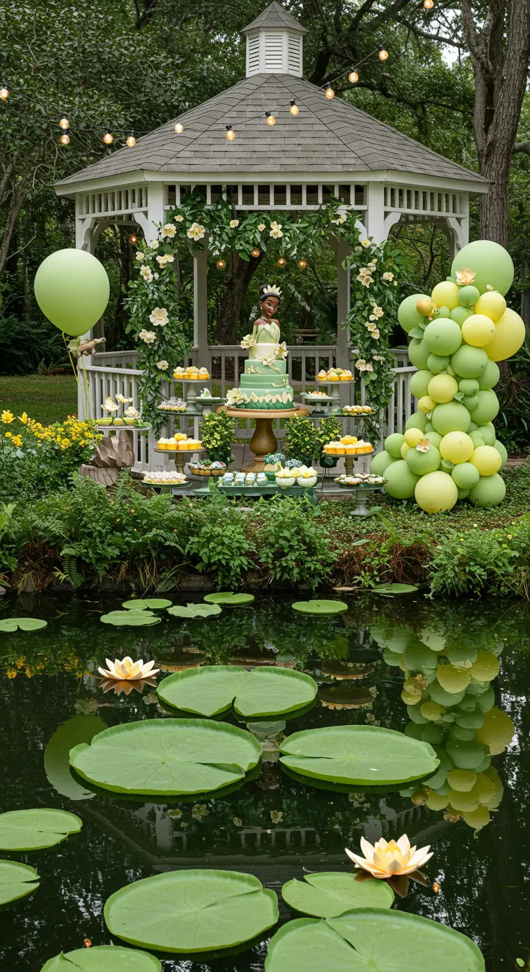 Mesa de postres de La Princesa y el Sapo junto a un estanque con nenúfares.