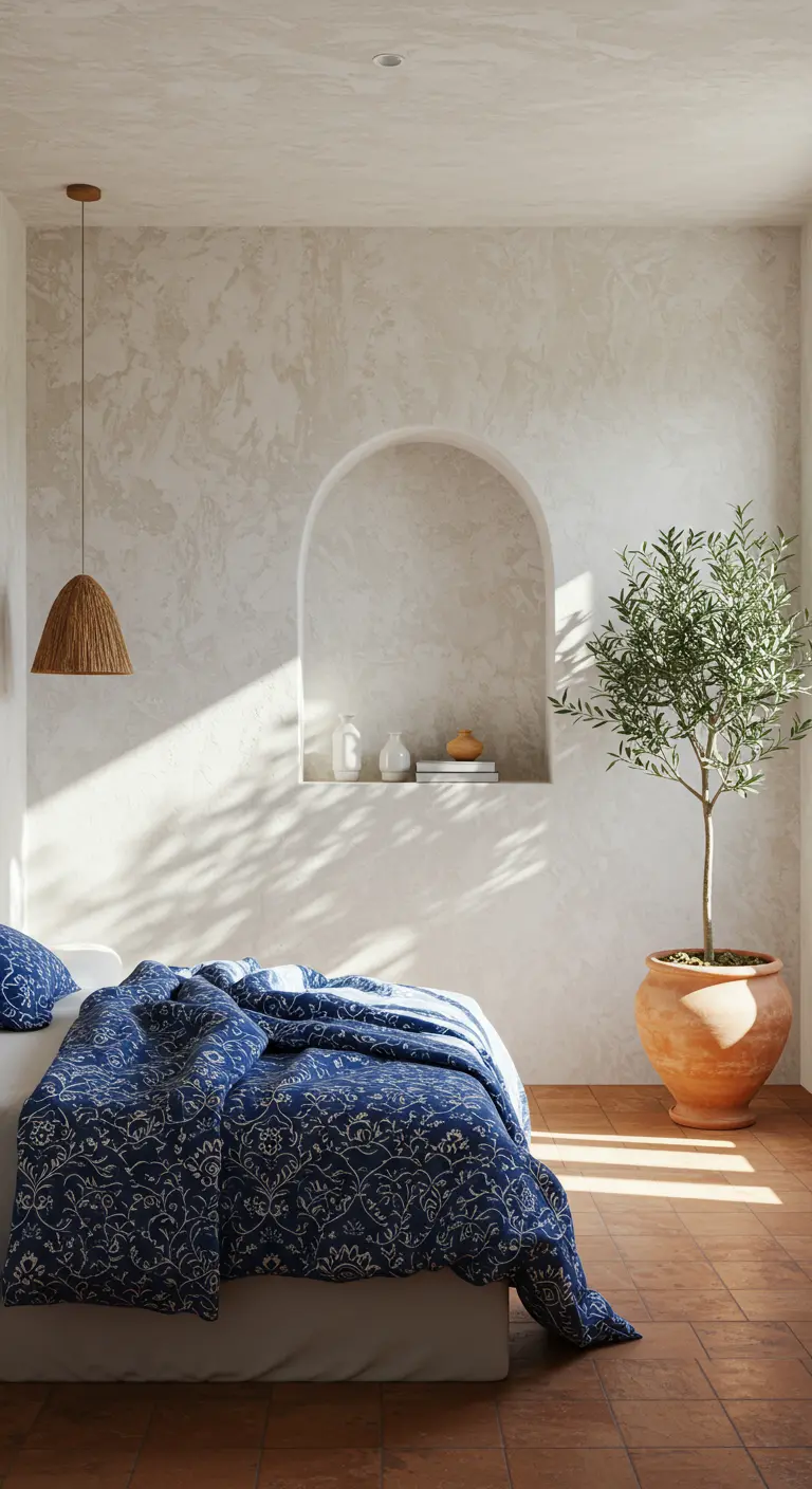 Dormitorio de estilo mediterráneo con paredes blancas texturizadas y ropa de cama azul.
