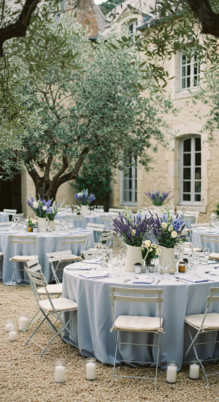 Recepción de boda al aire libre de estilo provenzal, con lavanda y manteles azules.