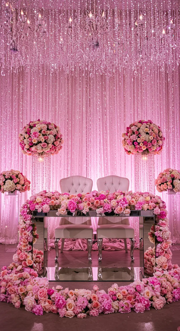 Mesa presidencial de espejo envuelta en una cascada de flores rosas y peonías.