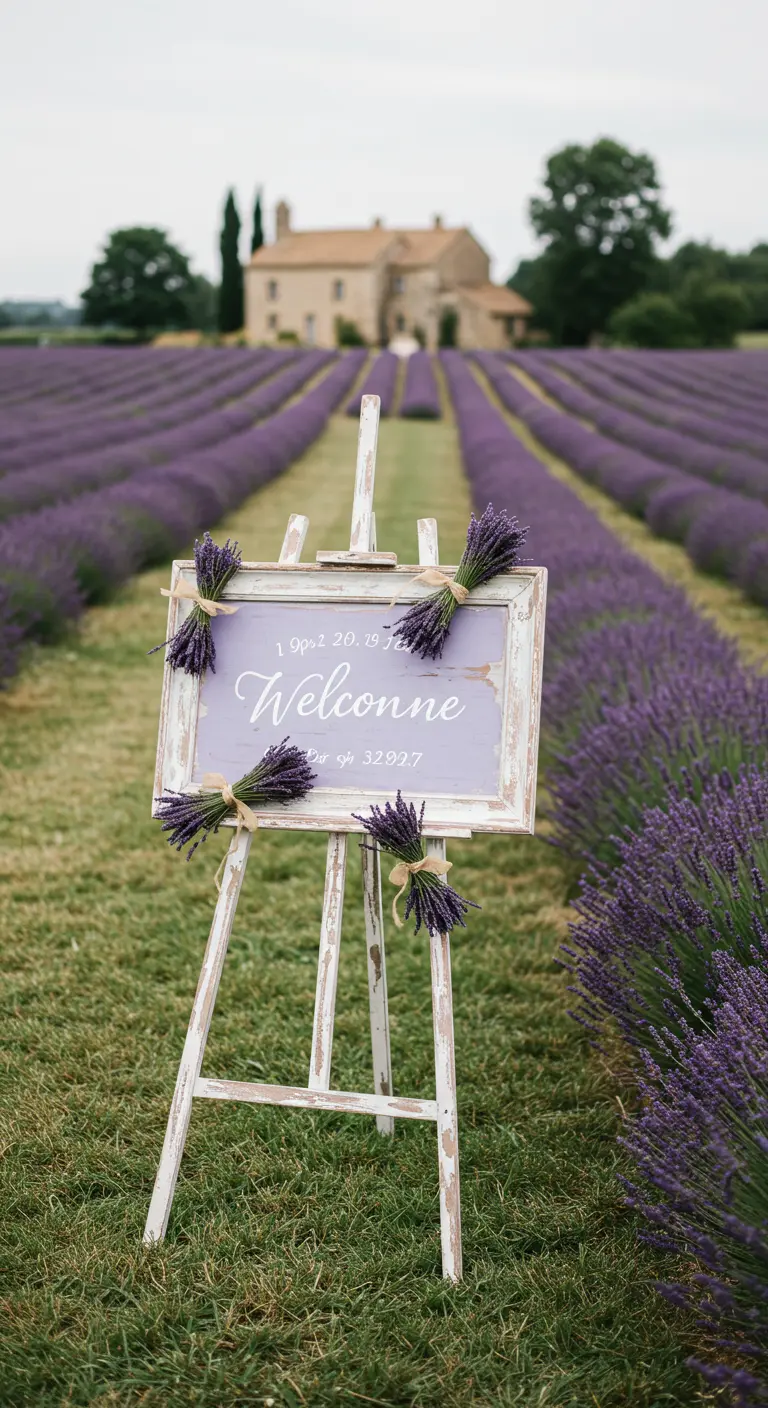 Cartel de bienvenida lavanda en un campo de lavanda, decorado con ramilletes.