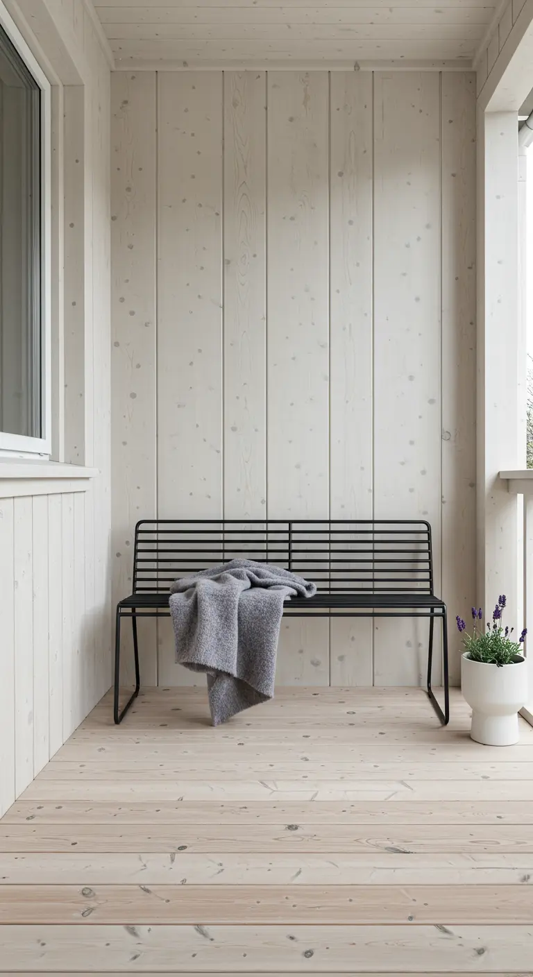Porche minimalista de madera clara con un banco negro y una sola maceta blanca con lavanda.