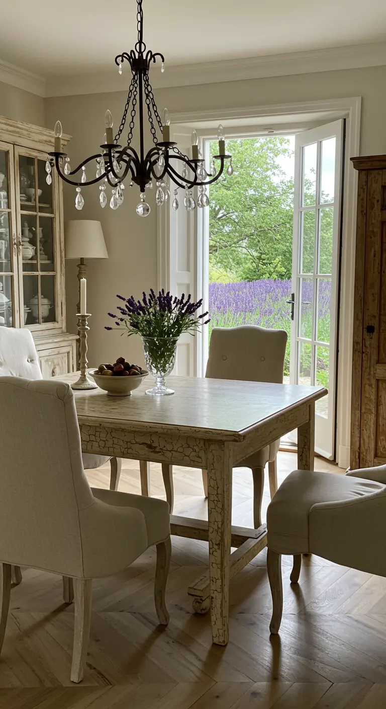 Comedor provenzal con mesa decapada en blanco, sillas tapizadas y lámpara de hierro con cristales