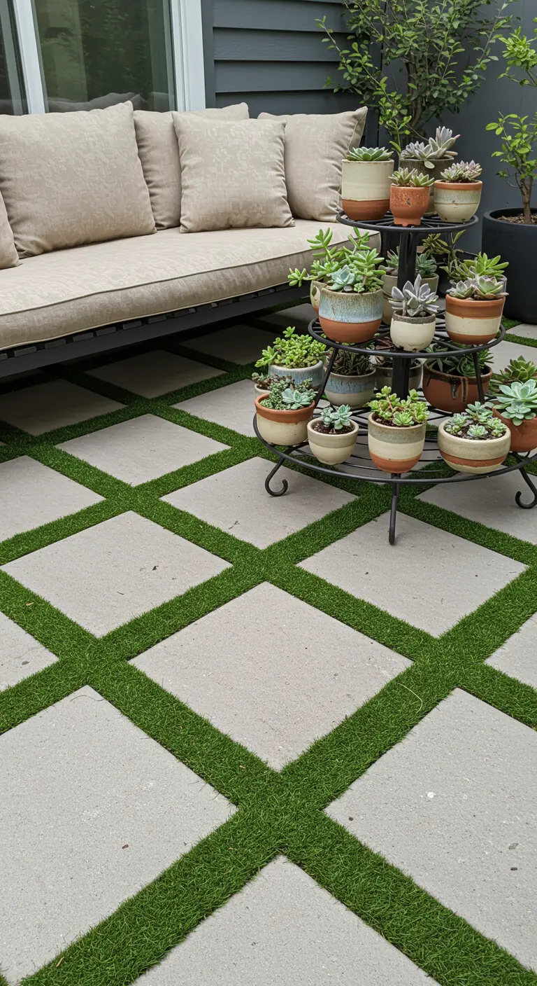 Patio con suelo de losas de hormigón y césped artificial en damero, con un soporte de plantas lleno de suculentas