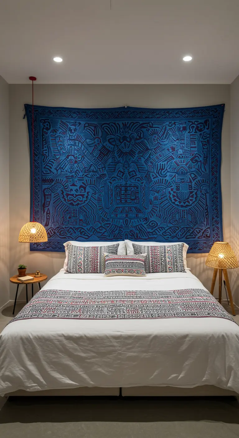 Dormitorio con un gran tapiz azul texturizado colgado como cabecero de cama.