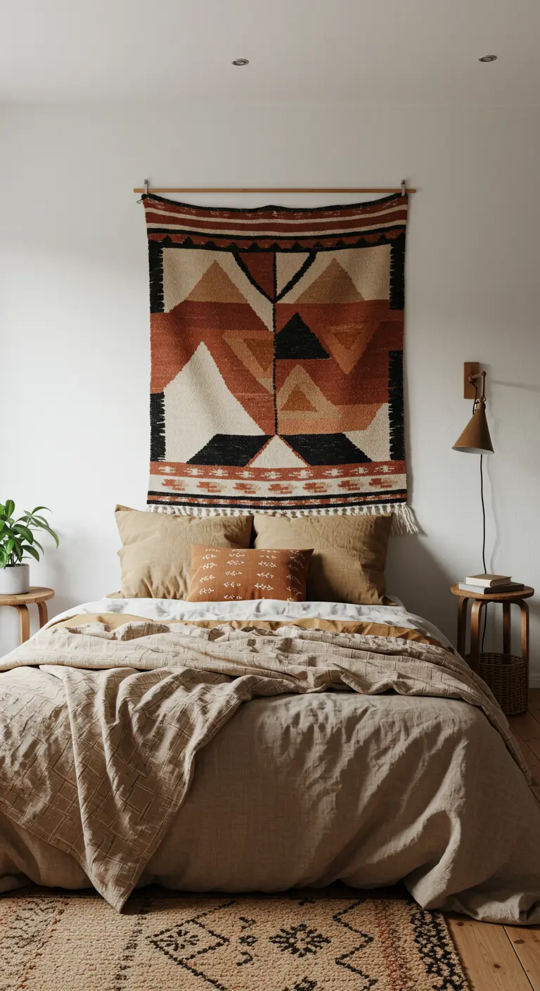 Tapiz con motivos geométricos en tonos tierra colgado sobre una cama con ropa de cama beige.