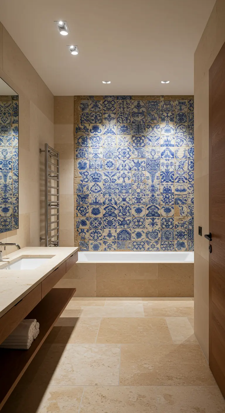 Pared detrás de una bañera completamente cubierta con azulejos de patrón complejo en azul y blanco