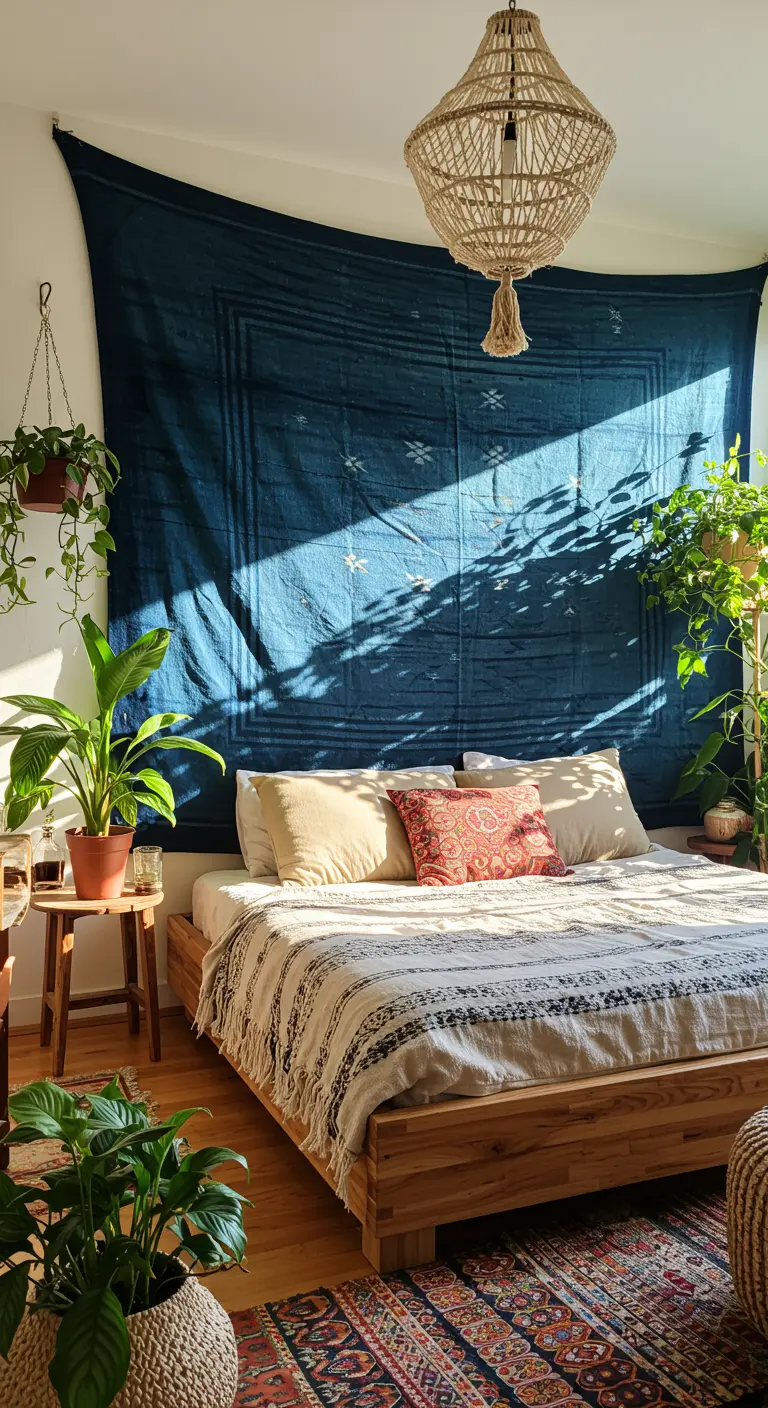 Dormitorio bohemio con un gran tapiz de tela índigo colgado detrás de la cama.