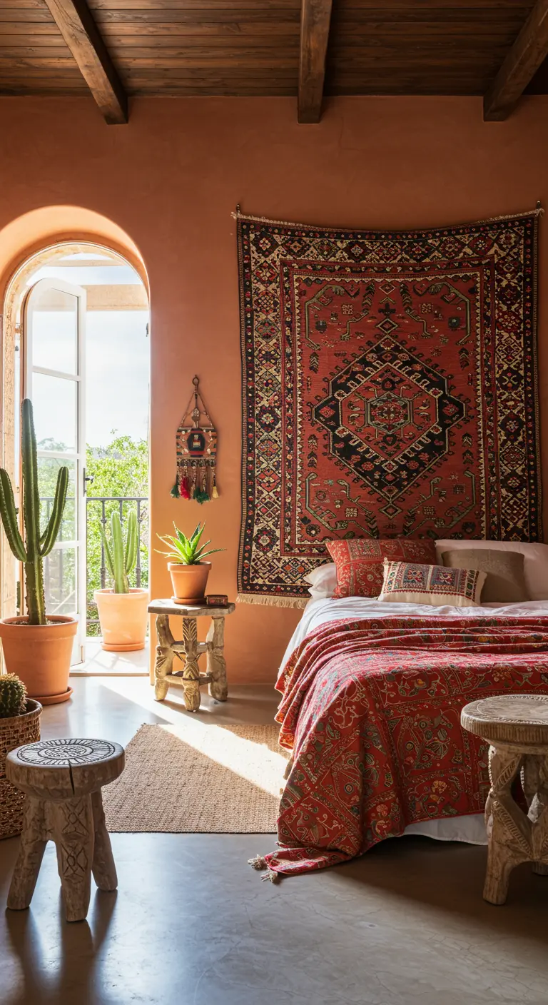 Una gran alfombra persa colgada en la pared como cabecero en un dormitorio de estilo bohemio con paredes terracota