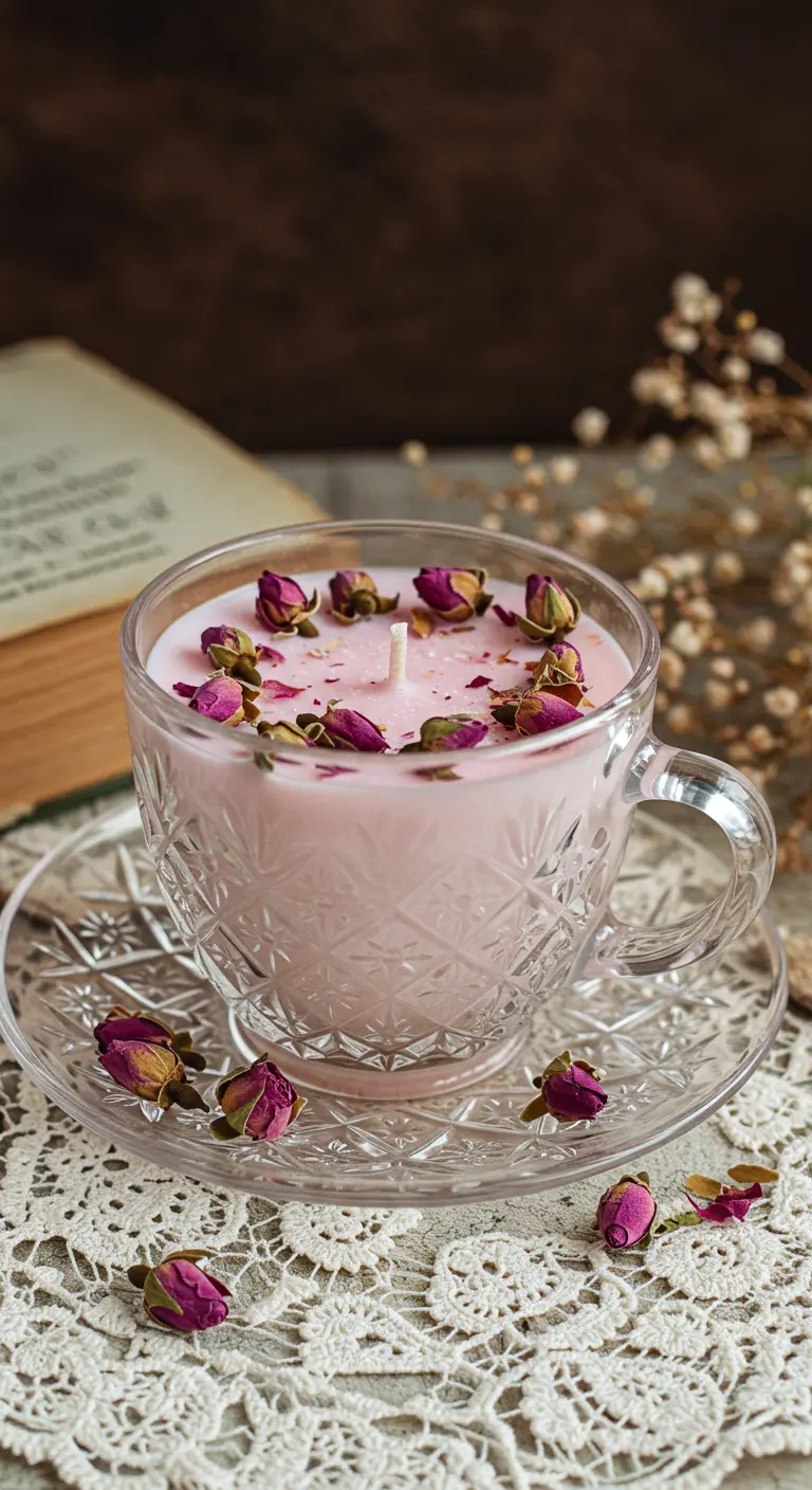 Vela rosa en una taza de té de cristal, decorada con capullos de rosa secos