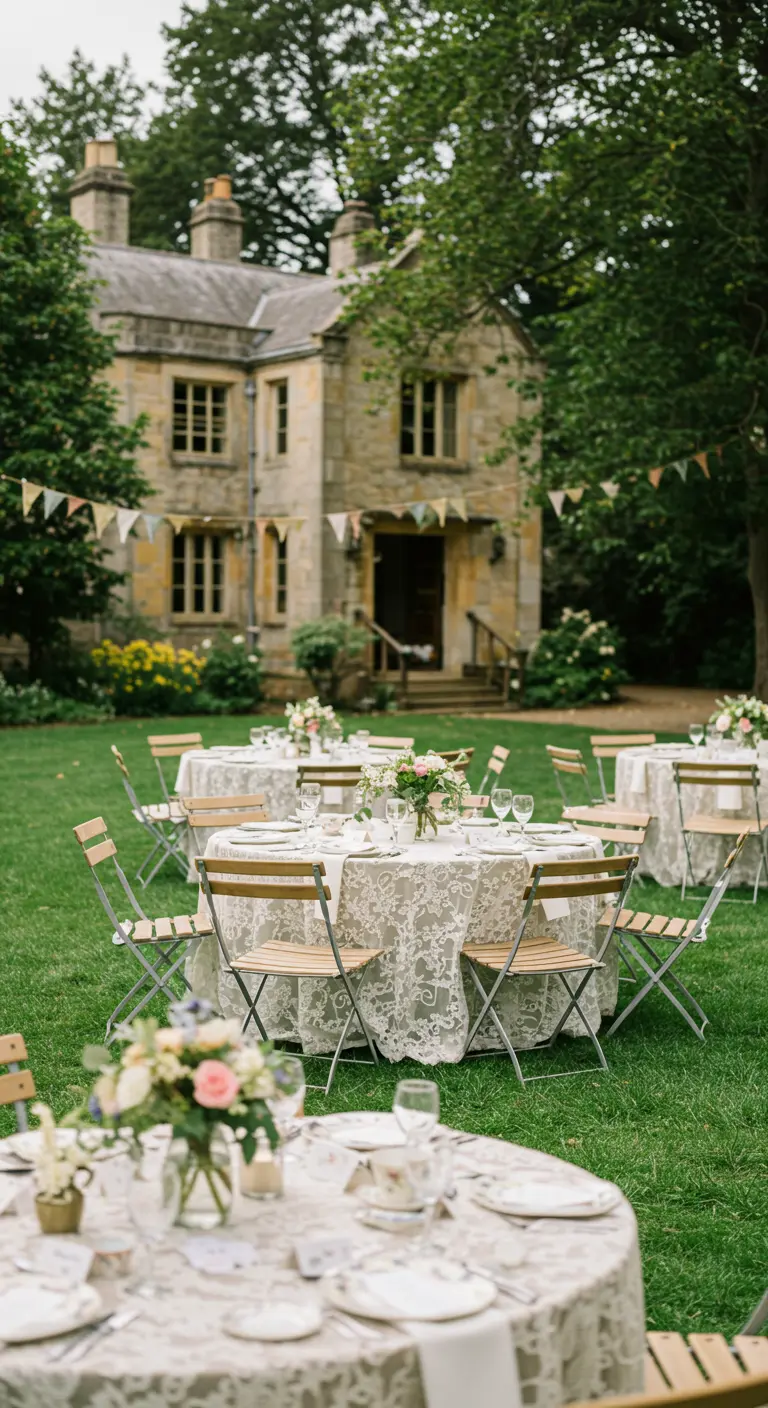 Mesas redondas en un jardín con manteles de encaje vintage y arreglos florales.