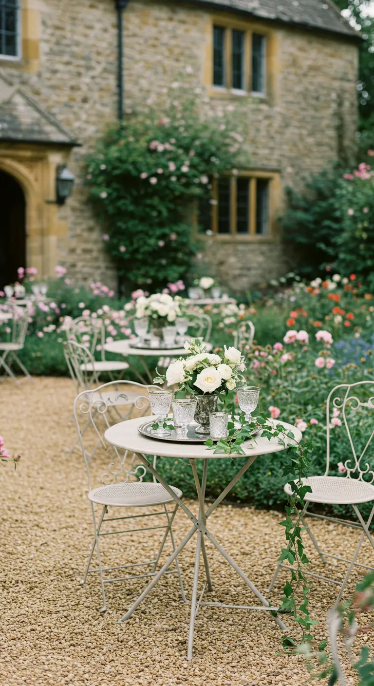 Pequeña mesa de bistró en un jardín de rosas inglés.
