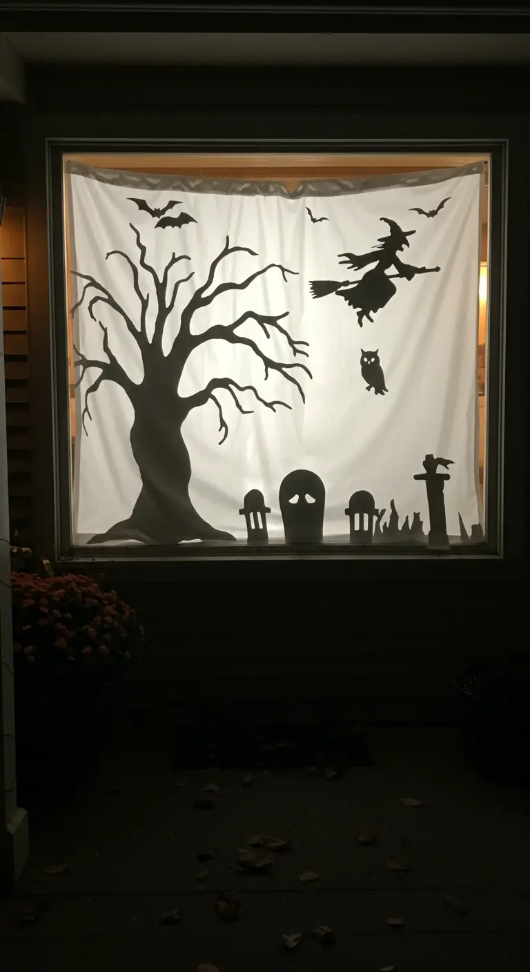 Silueta de una escena de Halloween con una bruja y un cementerio proyectada en una ventana.