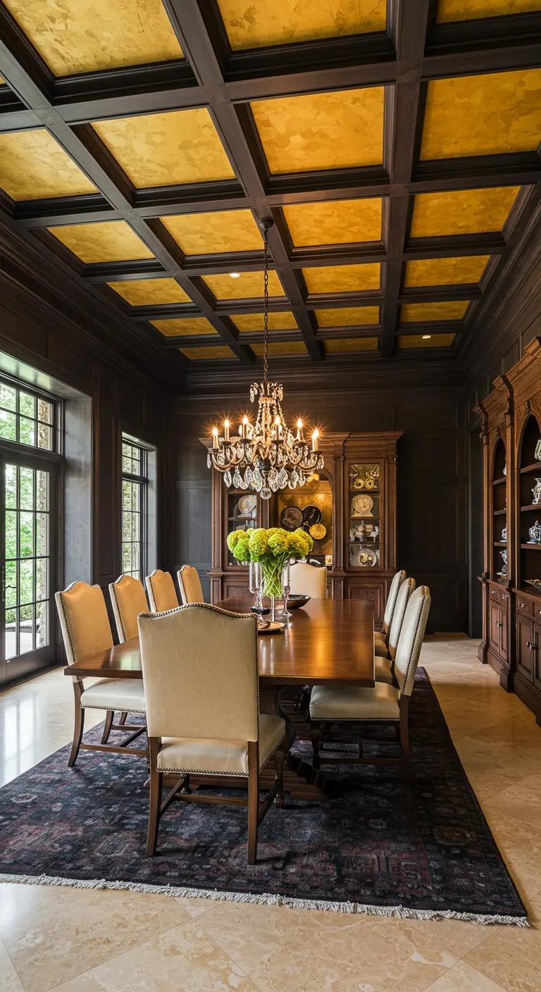 Comedor sofisticado con un techo artesonado de madera oscura y pan de oro en su interior.