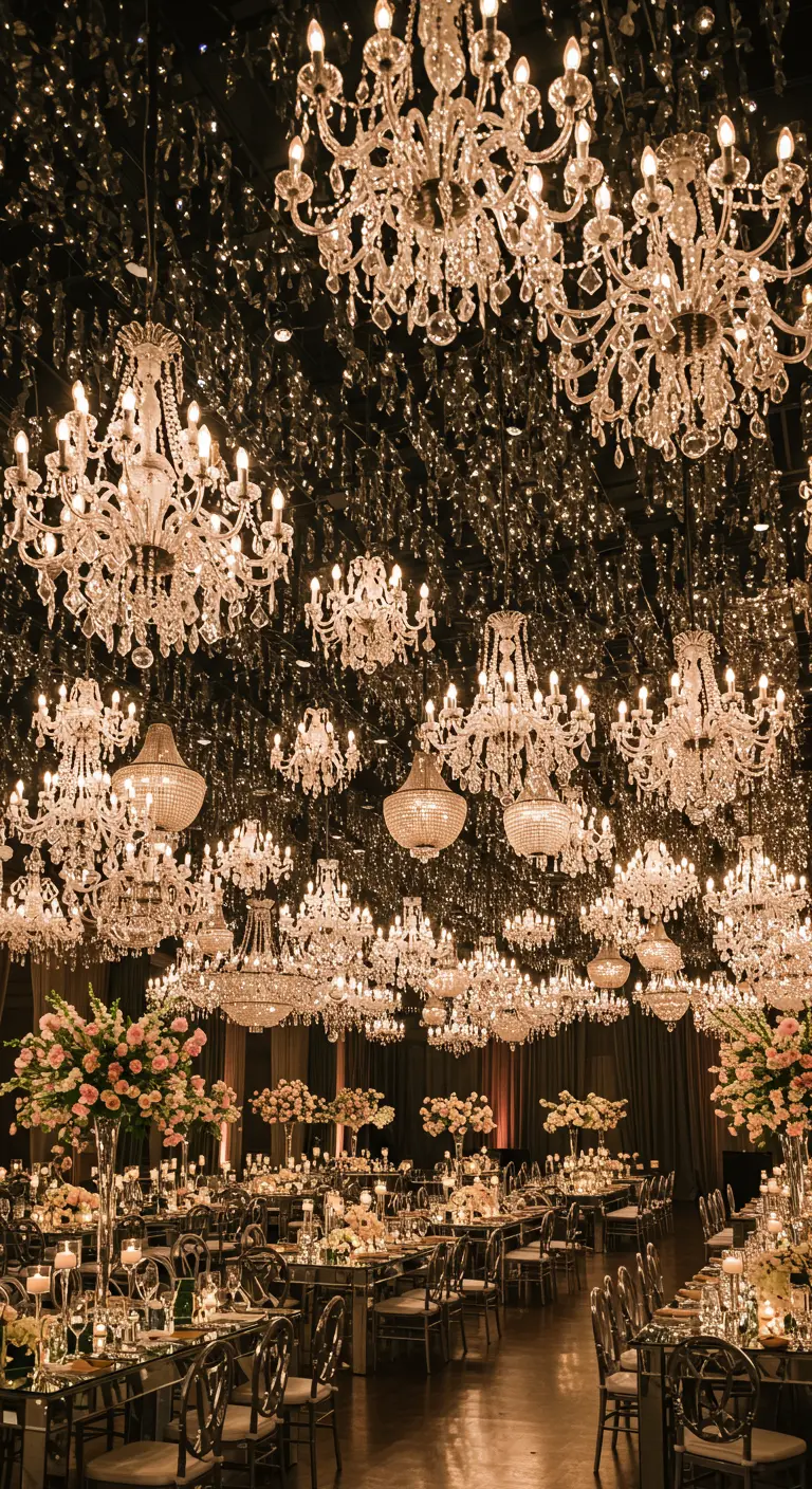 Salón de bodas con el techo cubierto de espejos y docenas de candelabros de cristal colgando.