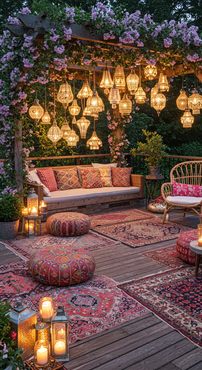 Terraza bohemia bajo una pérgola con enredaderas, repleta de farolillos colgantes y cojines étnicos.
