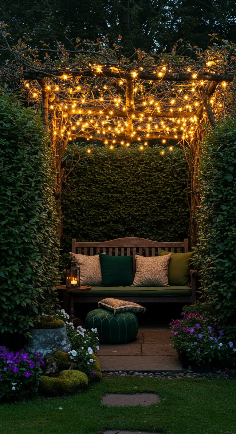 Pérgola de jardín cubierta por una densa red de luces de hadas sobre un banco de madera con cojines.