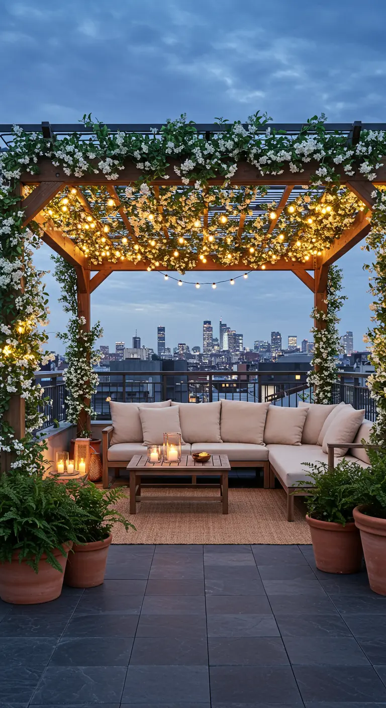 Terraza en una azotea con pérgola de madera cubierta de flores blancas y guirnaldas de luces.