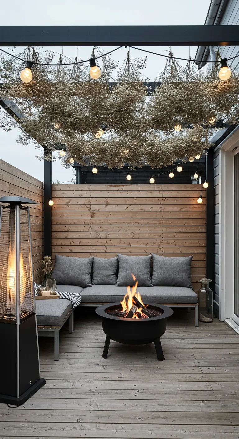 Patio moderno con pérgola, brasero y un techo cubierto de flores blancas secas.