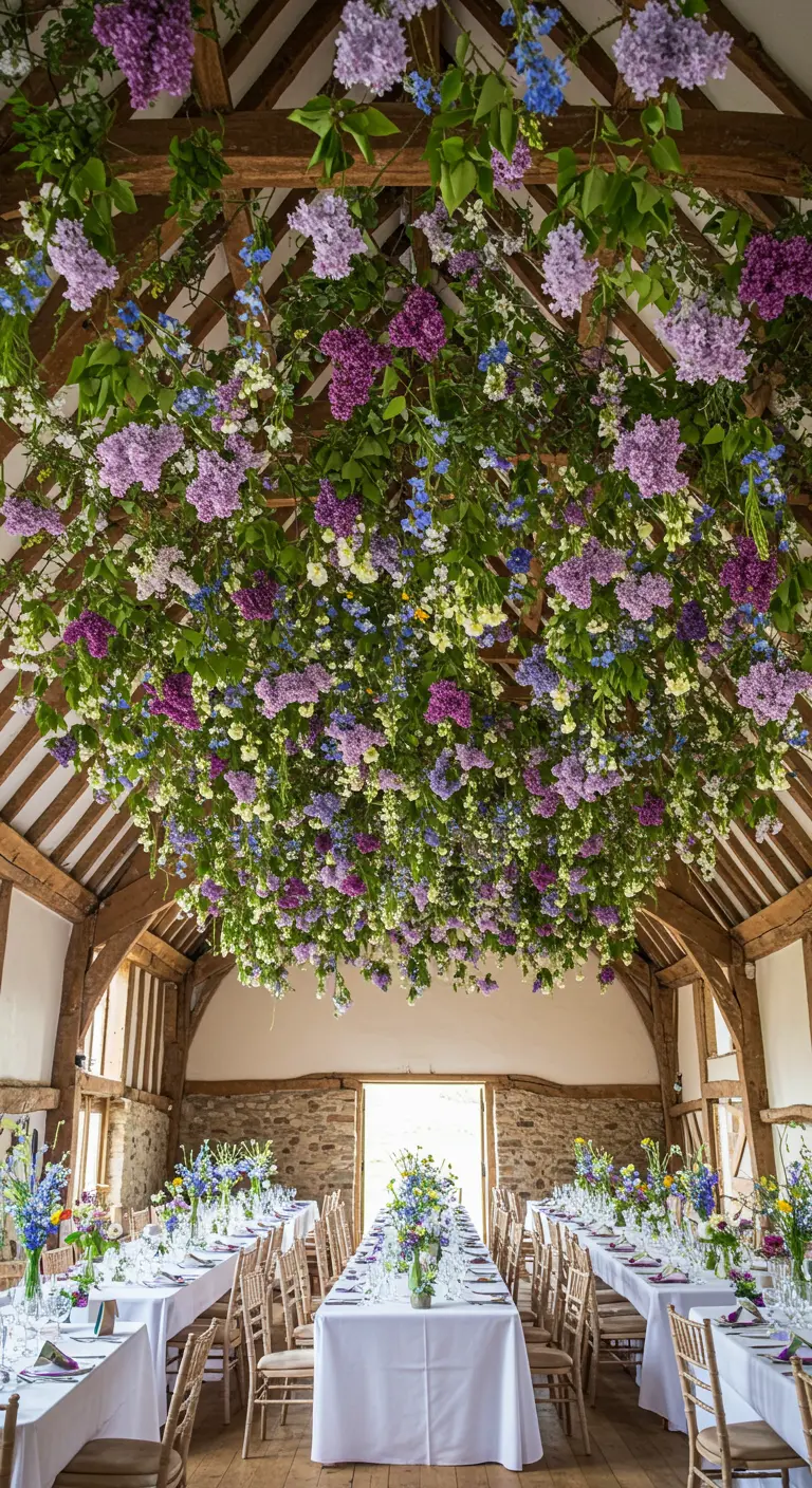 Techo de un granero completamente cubierto de lilas y flores silvestres colgantes.