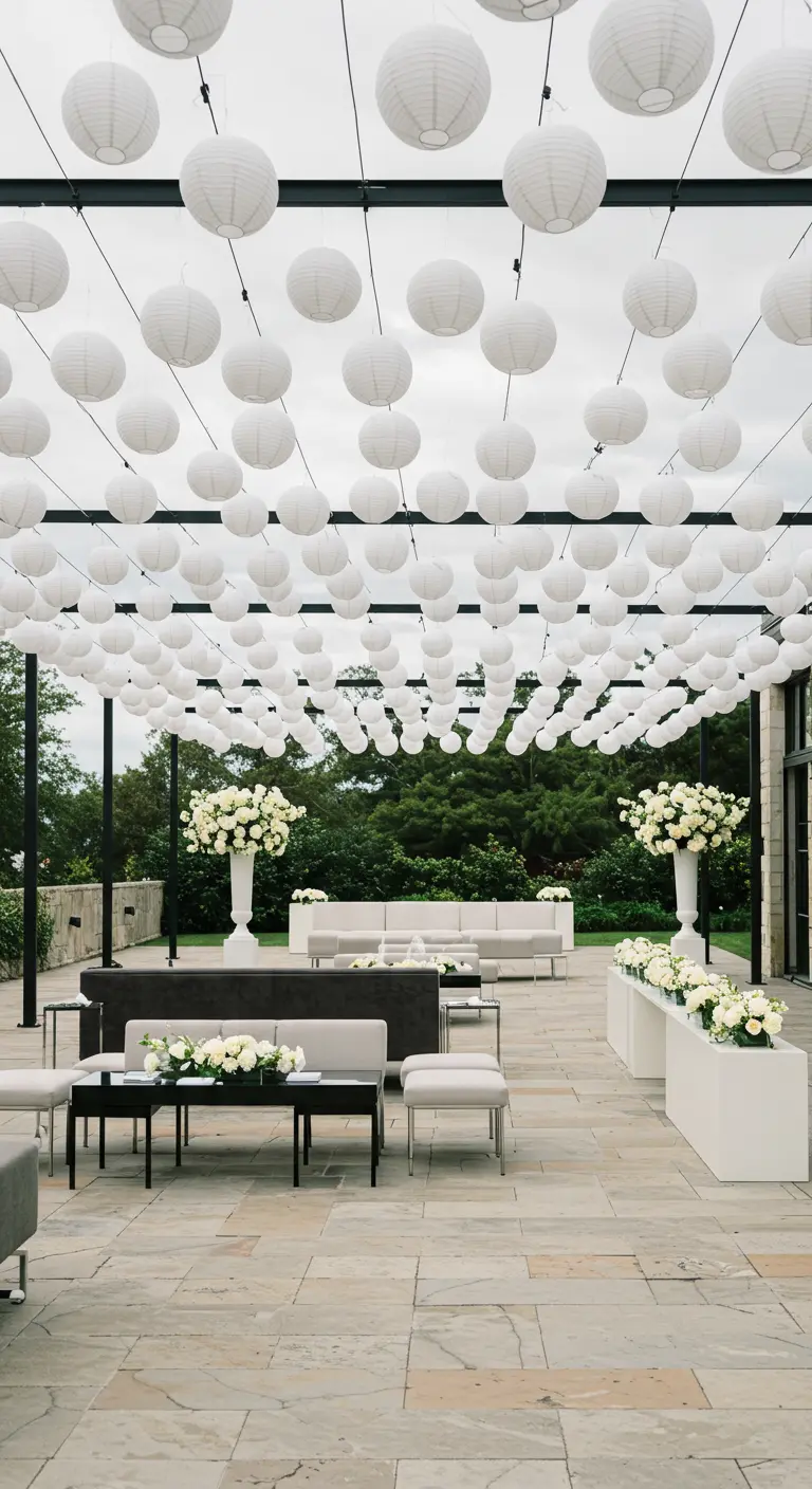 Cientos de lámparas de papel blancas cubren el techo de una pérgola moderna.