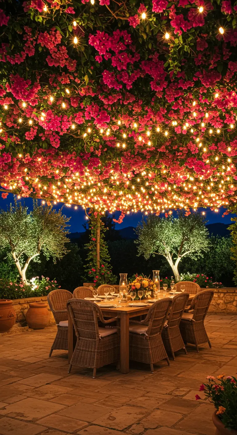 Mesa de comedor de madera bajo una pérgola cubierta de buganvillas y guirnaldas de luces.