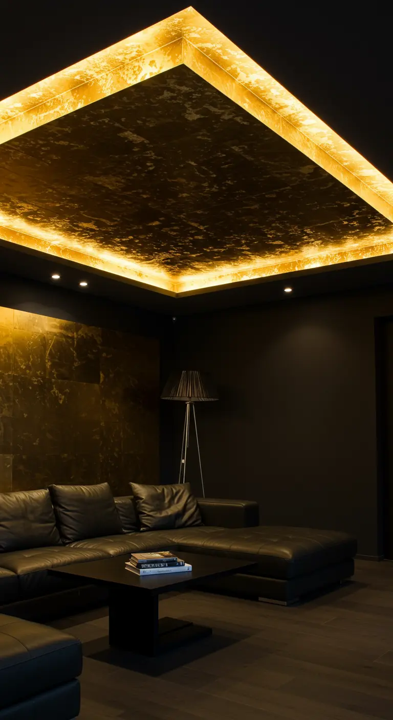 Techo artesonado cubierto de pan de oro e iluminado con luces LED ocultas.