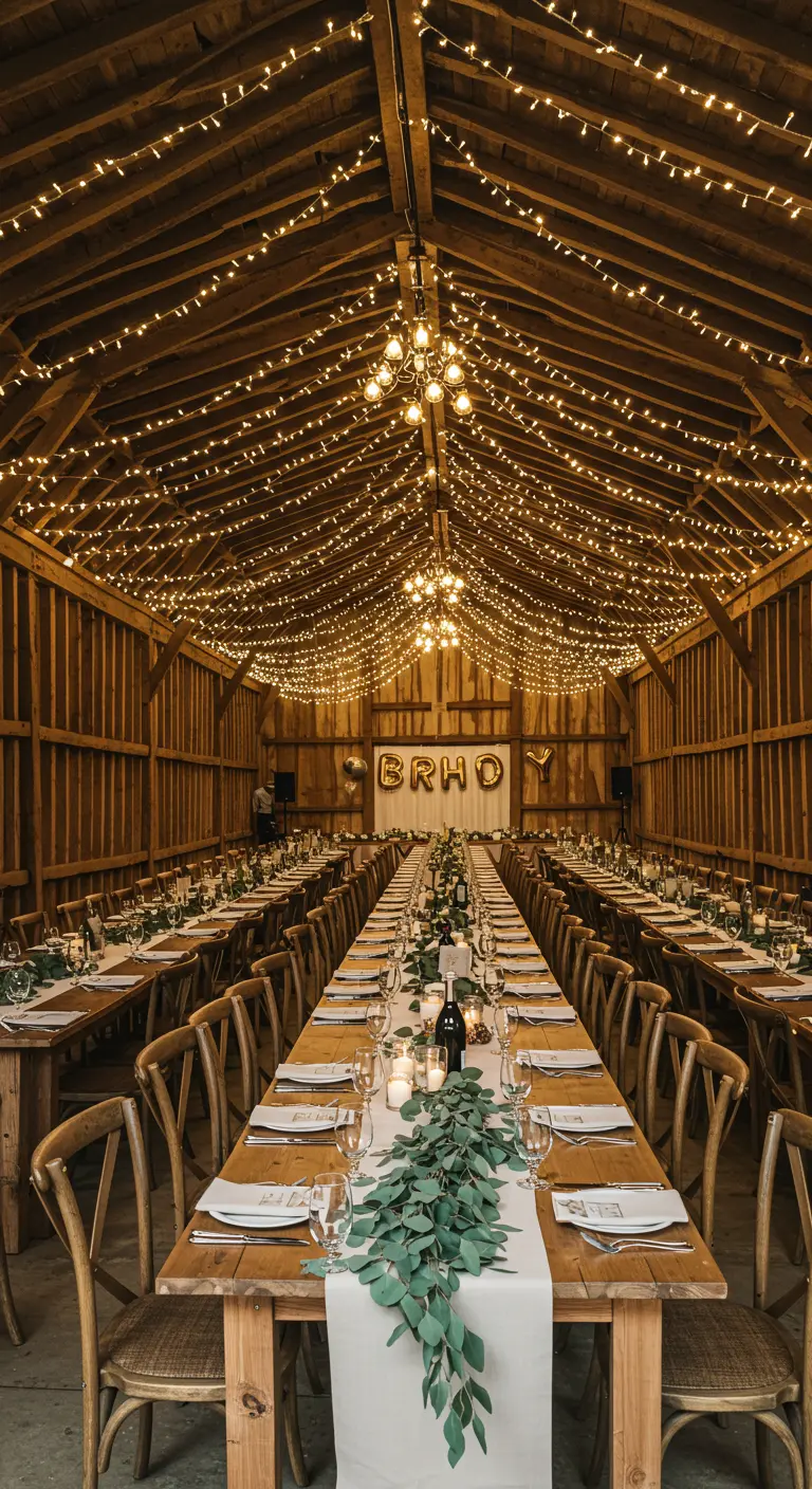 Granero rústico con largas mesas de madera y un techo cubierto de luces cálidas.