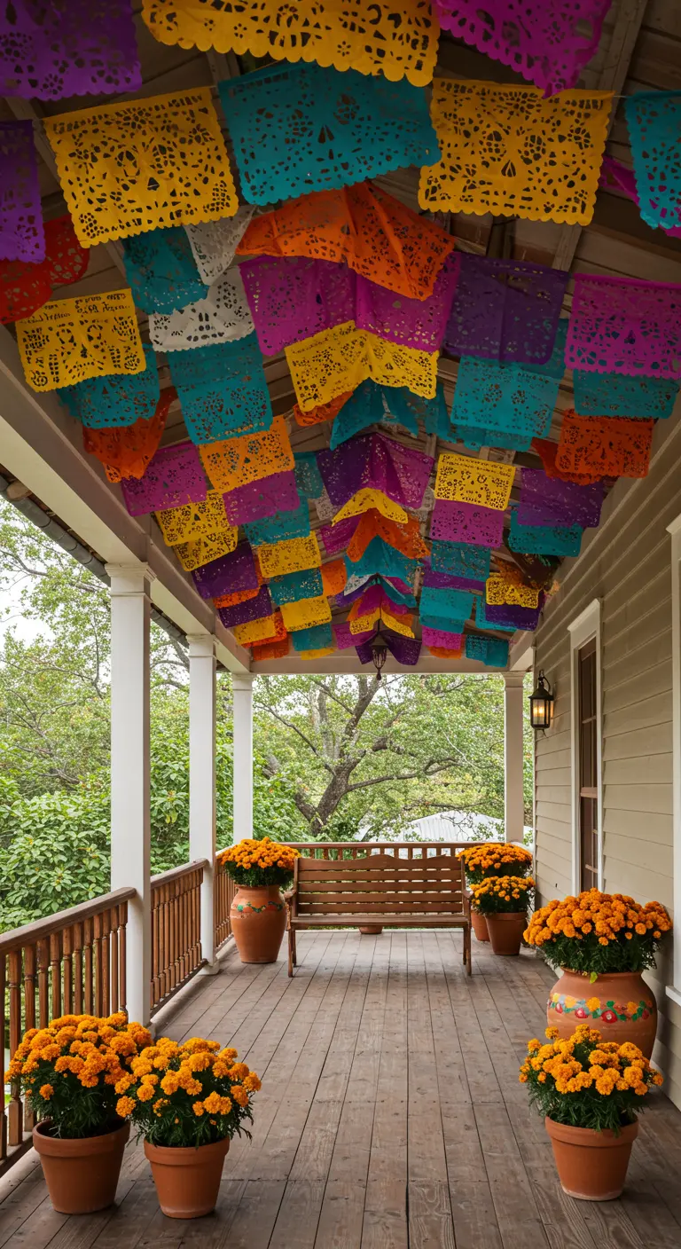Techo de un porche completamente cubierto con hileras de papel picado de múltiples colores.