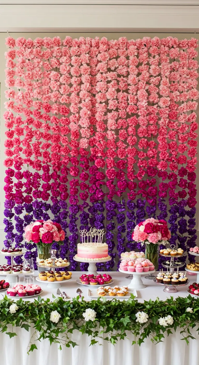 Pared de claveles colgantes en degradado de rosa a morado tras una mesa de dulces.