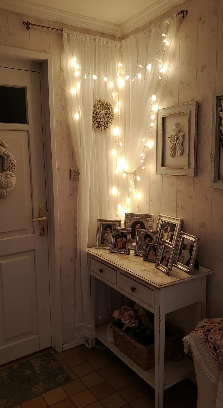 Consola blanca con fotos familiares, iluminada por una cortina de tul con luces cálidas detrás.