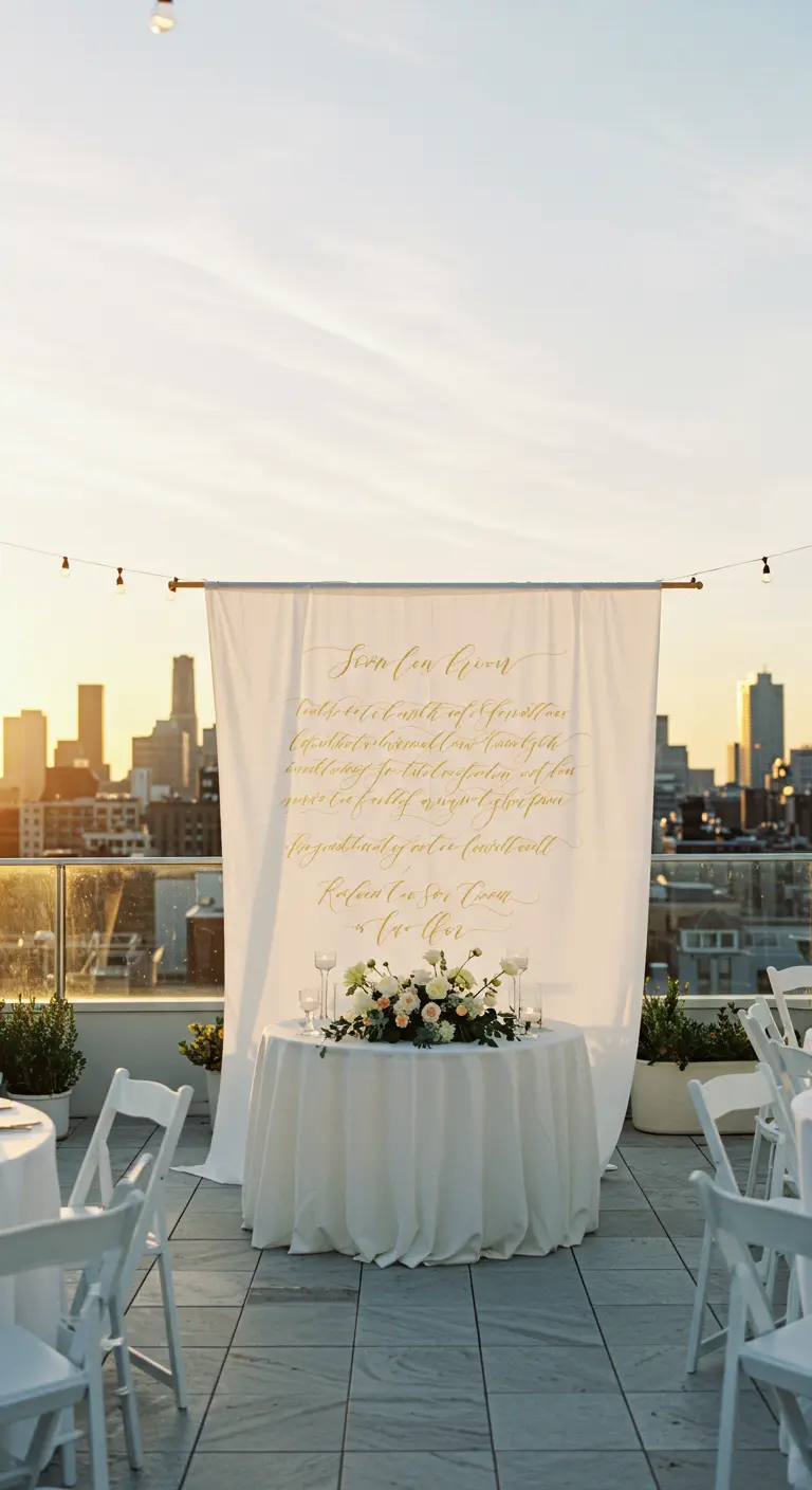 Telón de tela blanca con caligrafía dorada detrás de una mesa de novios en una azotea.