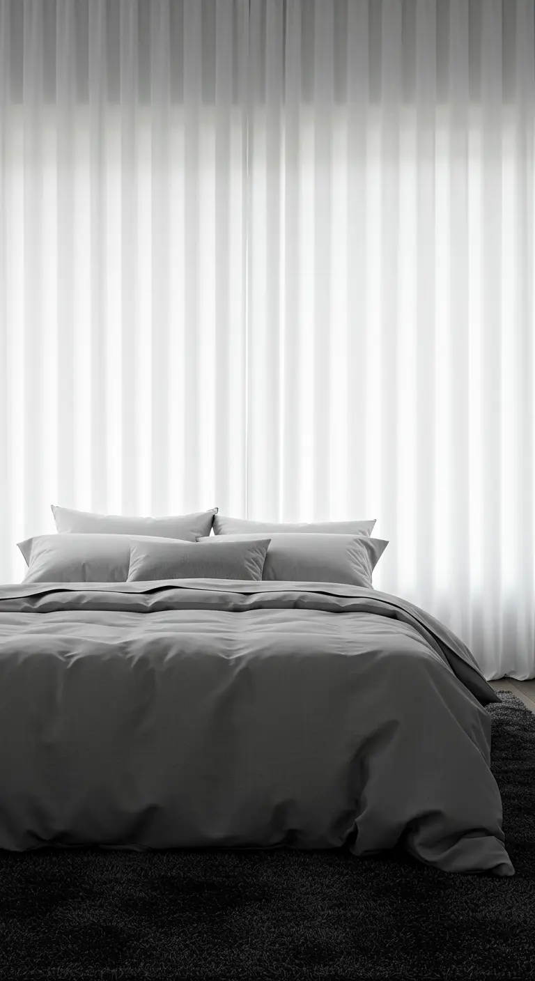 Pared detrás de la cama cubierta por completo con cortinas de visillo blanco que difuminan la luz.
