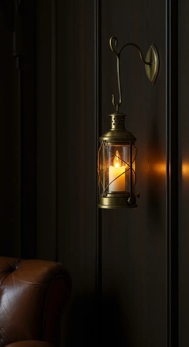 Un tenedor de metal doblado y fijado a una pared oscura, sosteniendo un farolillo con una vela encendida.