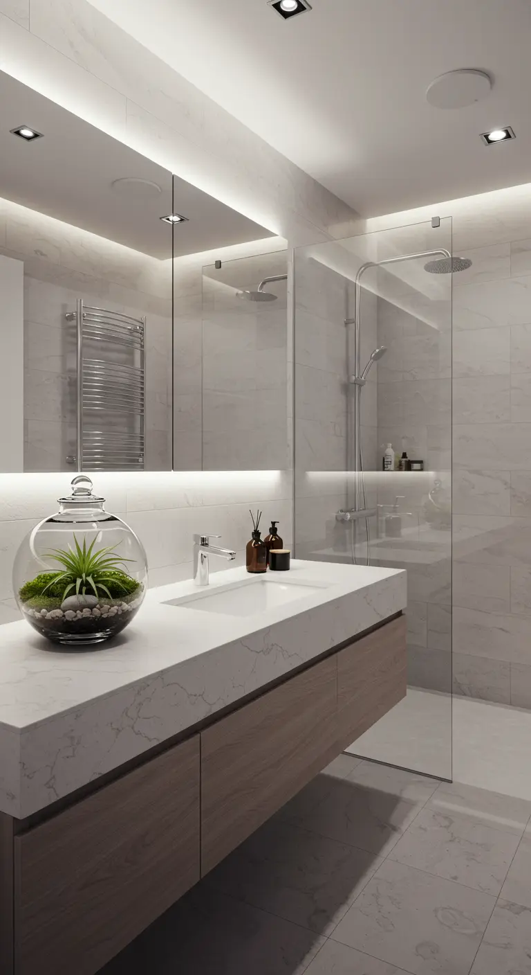 Moderno baño blanco con un terrario esférico de vidrio sobre la encimera.
