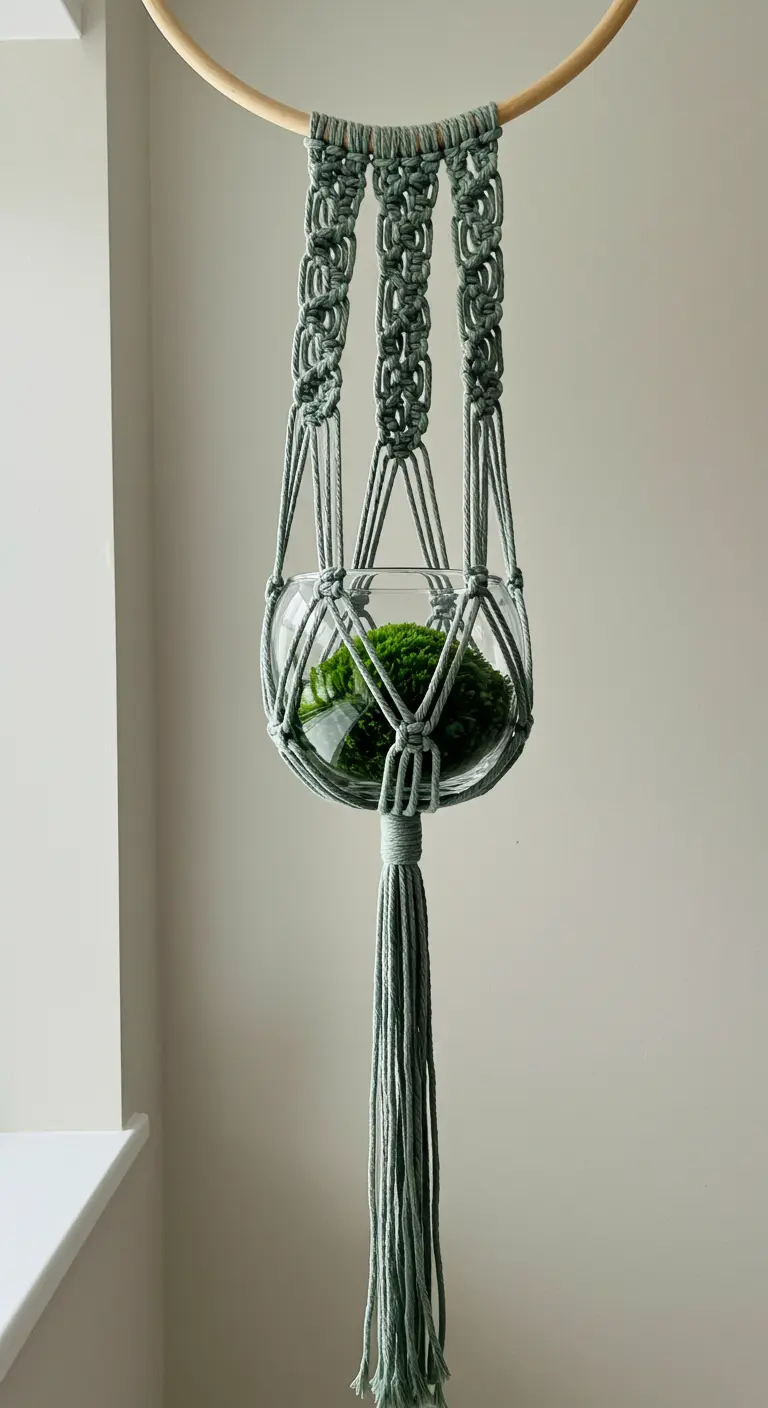 Colgador de macramé verde menta sosteniendo un terrario de cristal con musgo en su interior.