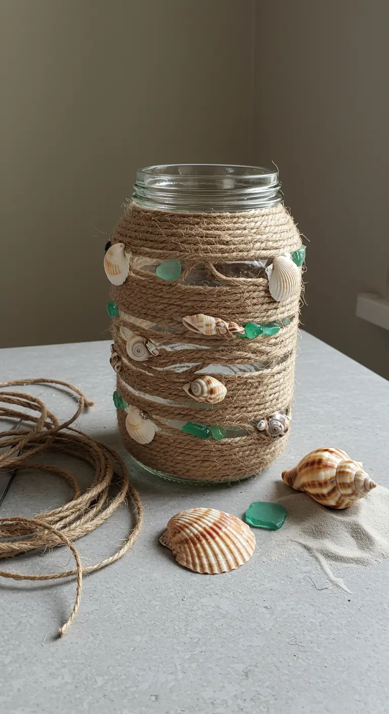 Frasco de vidrio decorado con yute, conchas marinas y cristales de mar verdes.