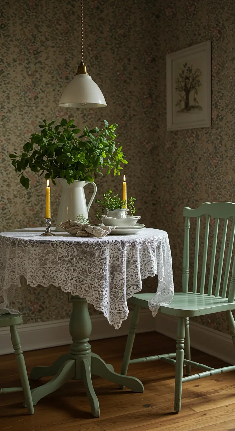 Pequeña mesa redonda con mantel de encaje, silla verde menta y una jarra con menta fresca.