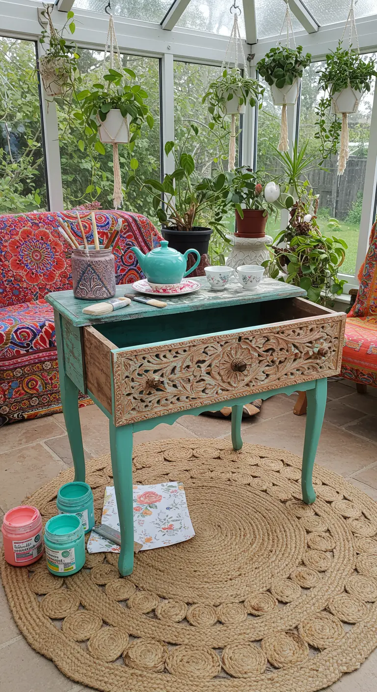 Mesa auxiliar verde turquesa con un cajón de frontal tallado en madera, rodeada de plantas